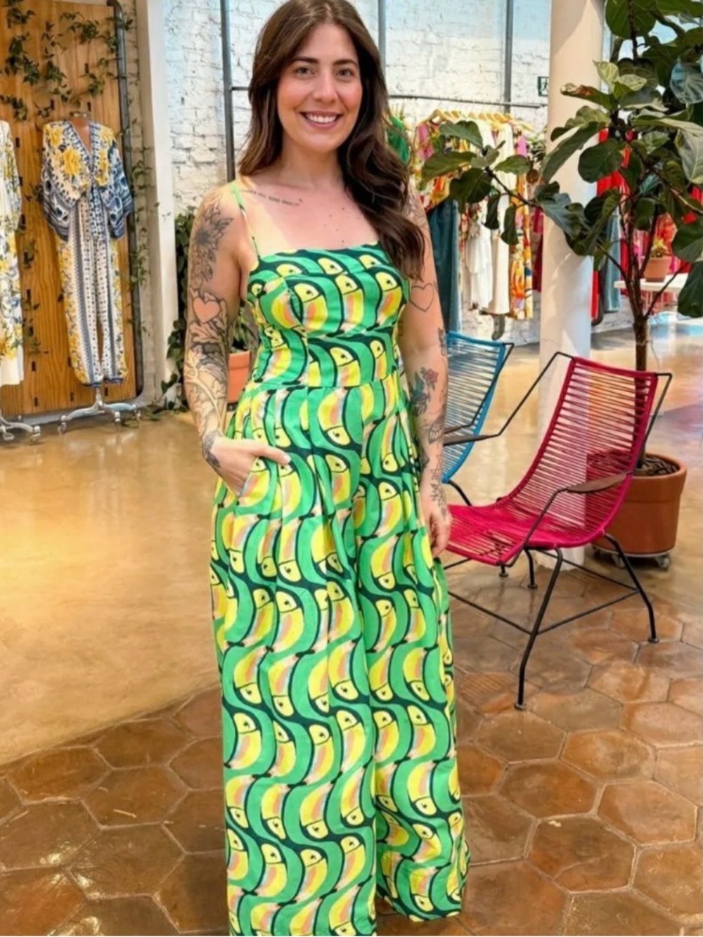 FARM Rio Tropical Toucan Print Wide-Leg Jumpsuit in Green & Yellow